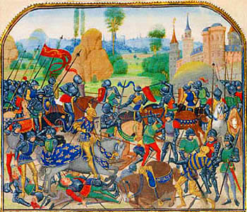 A medieval depiction of soldiers in battle after praying